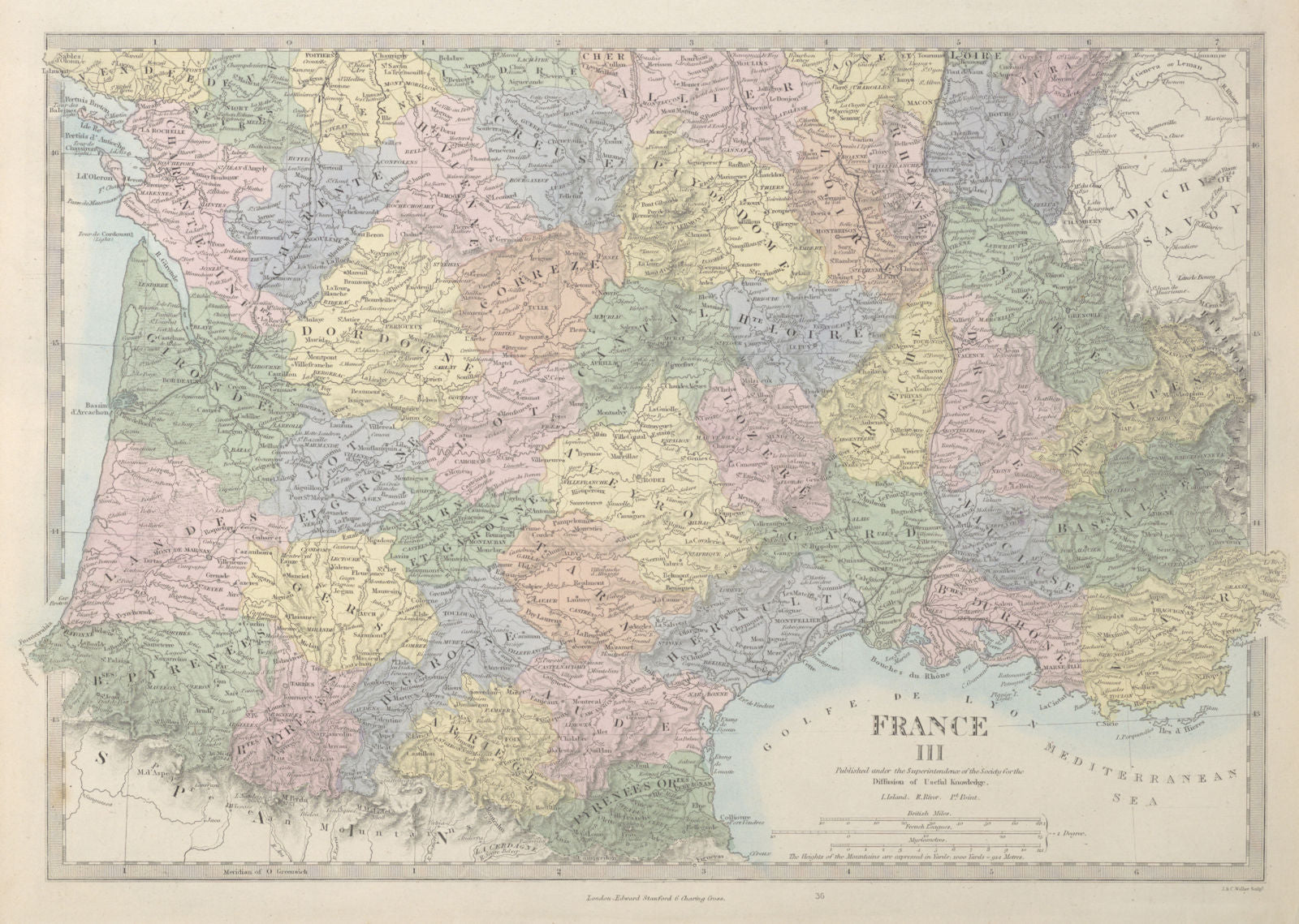FRANCE SOUTH Aquitaine Pyrénées Provence Languedoc Rhône Auvergne SDUK 1857 map